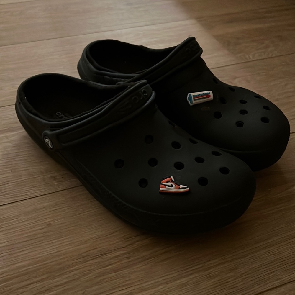 Crocs, heavily used, slight odor, dope jibbitz, fleece lined, walking on clouds